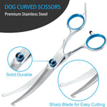 Straight stainless steel dog hair cutting scissors with blunt safety rounded tips.