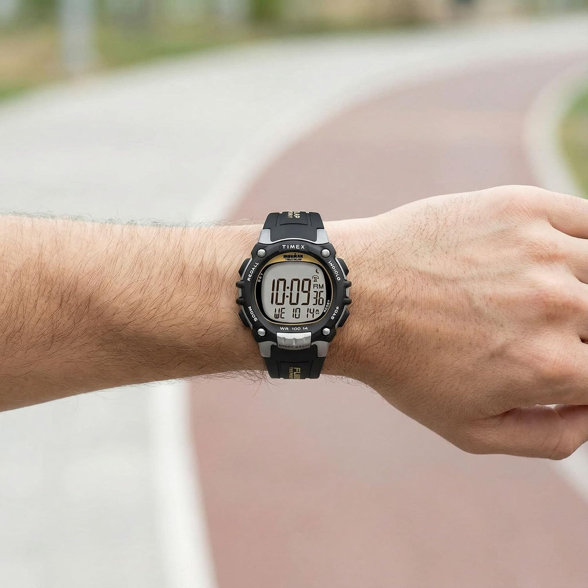 Timex ironman classic 100 digital watch black resin strap angle view