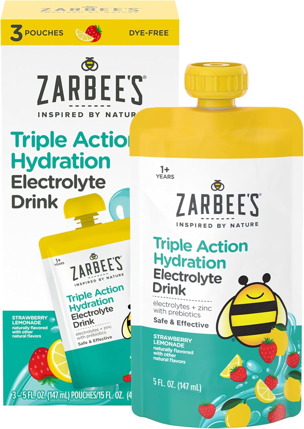 Zarbee's Triple Action Hydration Electrolyte Drink for Kids with Zinc & Prebiotics, Replenishes Lost Electrolytes and Helps Prevent Dehydration*, Dye-Free, Strawberry Lemonade Flavor, 3 x 5 fl. oz - Image 1