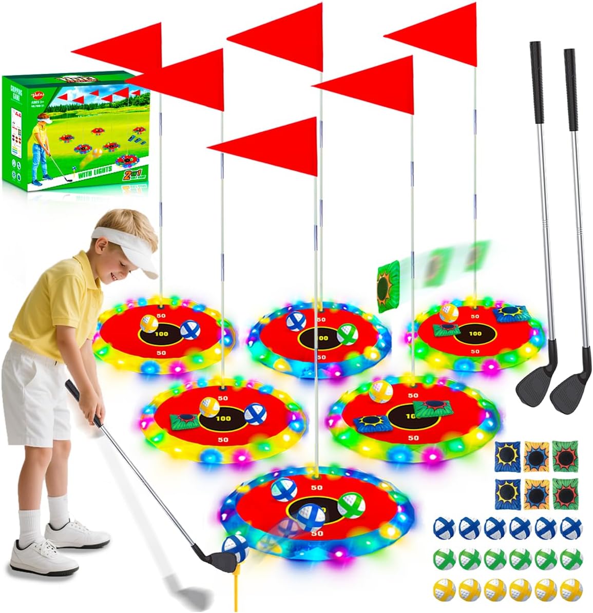 Vatos 2-in-1 light up golf set with clubs and targets