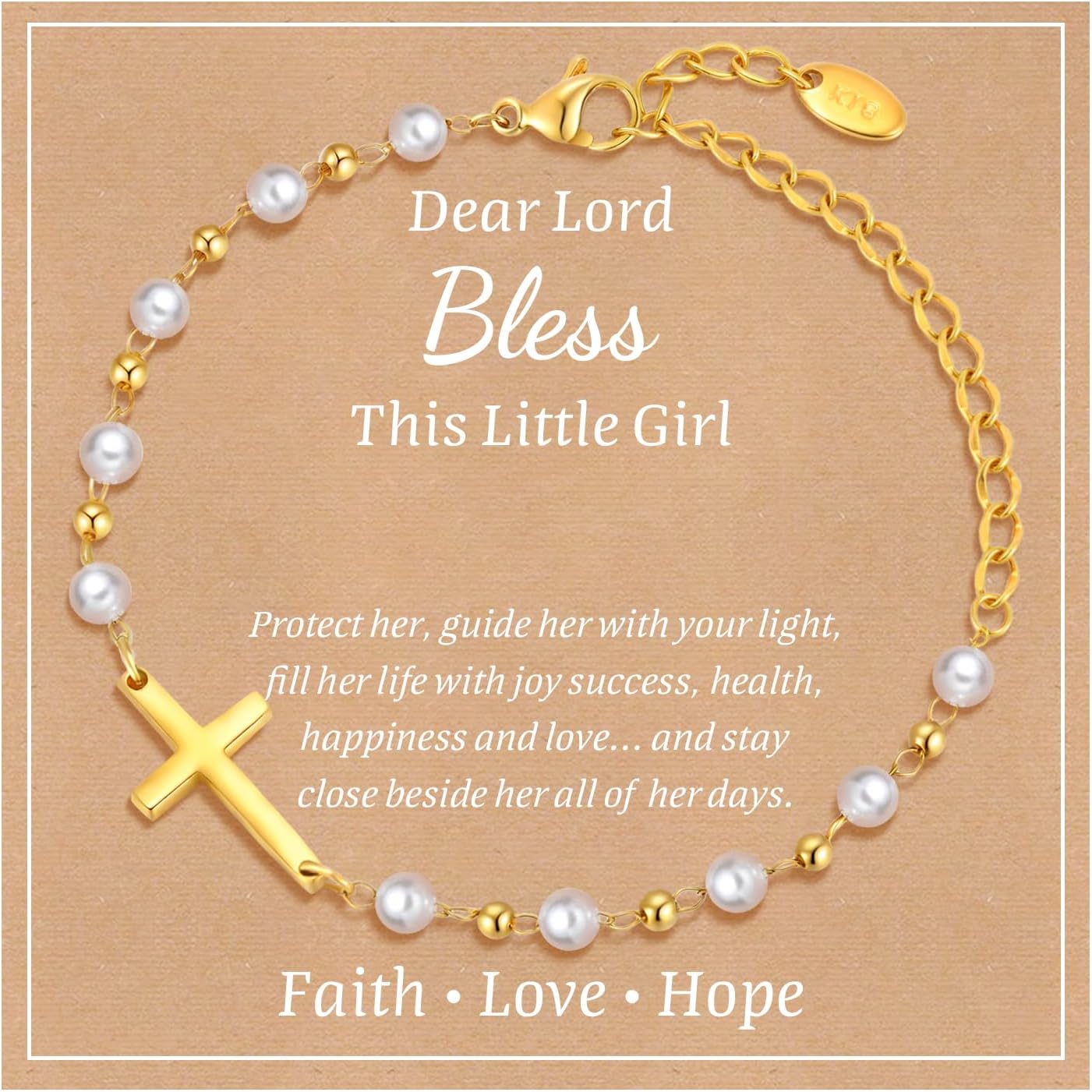 MEALGUET baby baptism pearl cross bracelet front view displaying gold plating and religious charm