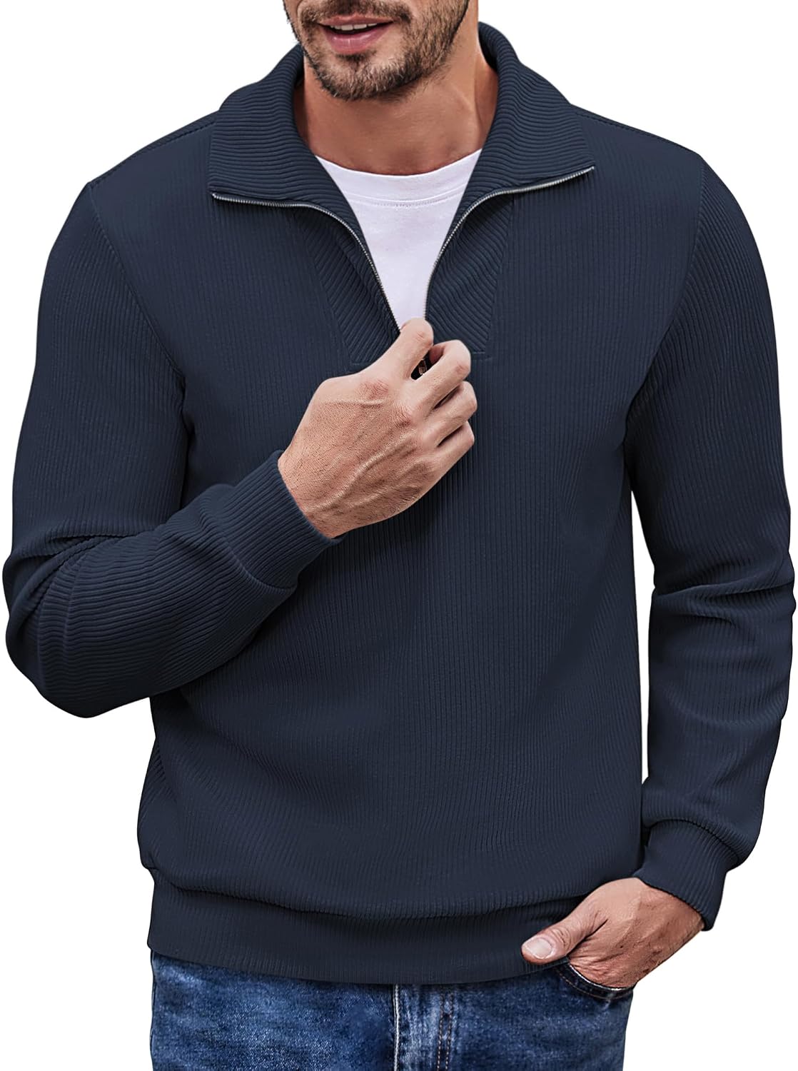 COOFANDY Men's Quarter Zip Up Pullover Mock Neck Long Sleeve Sweater Casual Corduroy Polo Sweatshirt - Image 13
