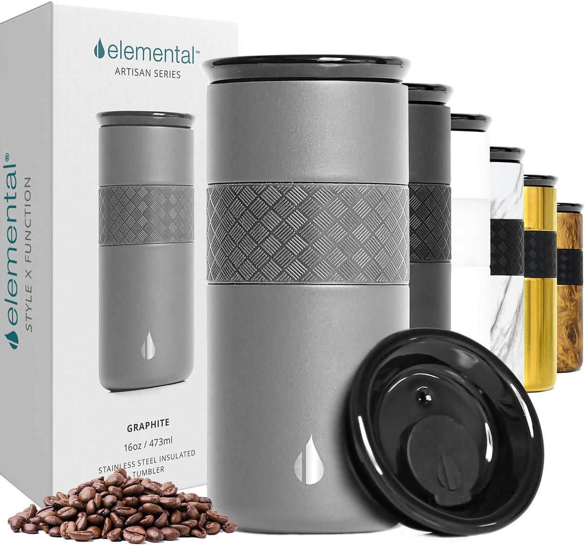 Elemental Artisan insulated tumbler graphite front view