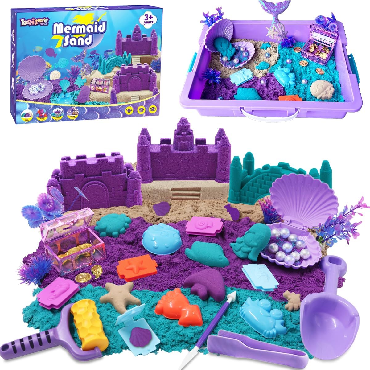 BEIREG Mermaid Sensory Bin Kit front view showcasing purple and teal sand with marine molds.