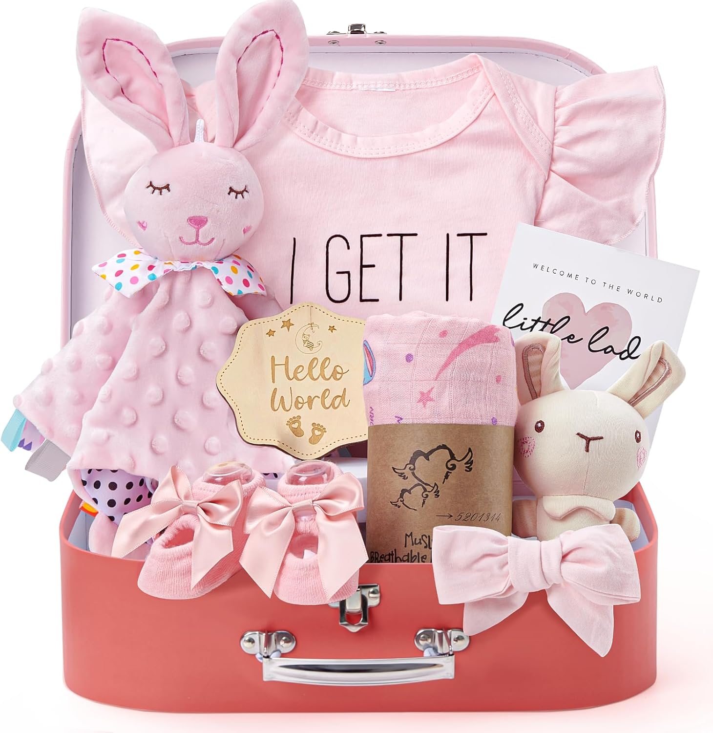 Golray baby shower gifts for girls basket packed inside a pink suitcase front view
