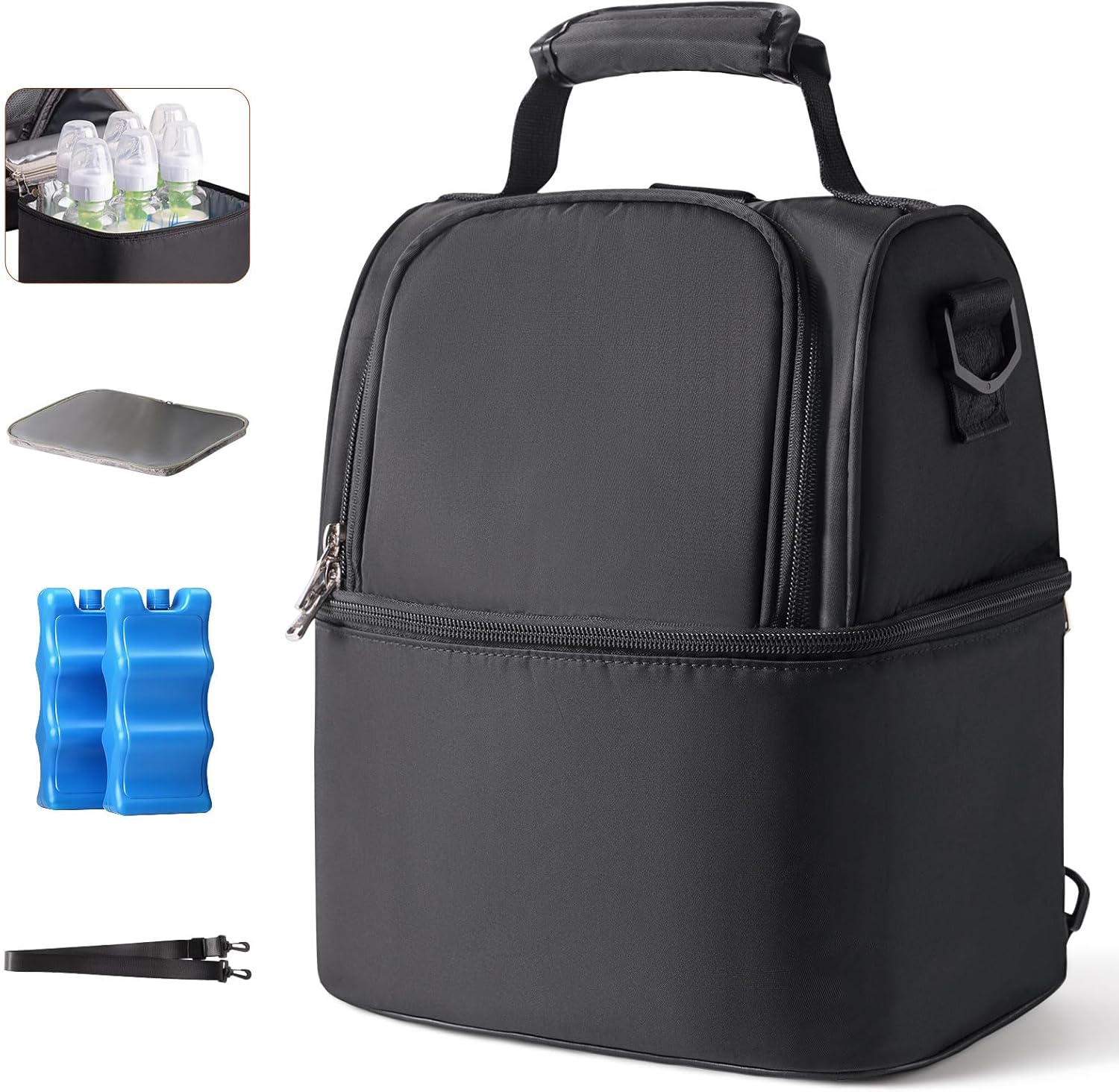NCVI Breastmilk Cooler Bag with 2 Ice Pack, Breast Pump Bag with Cooler Fits 6 Bottles, Double Layer Breast Milk Travel Bag Baby Bottle, for Travel, Nursing Mom Daycare, Work, Picnic (Black) - Image 1