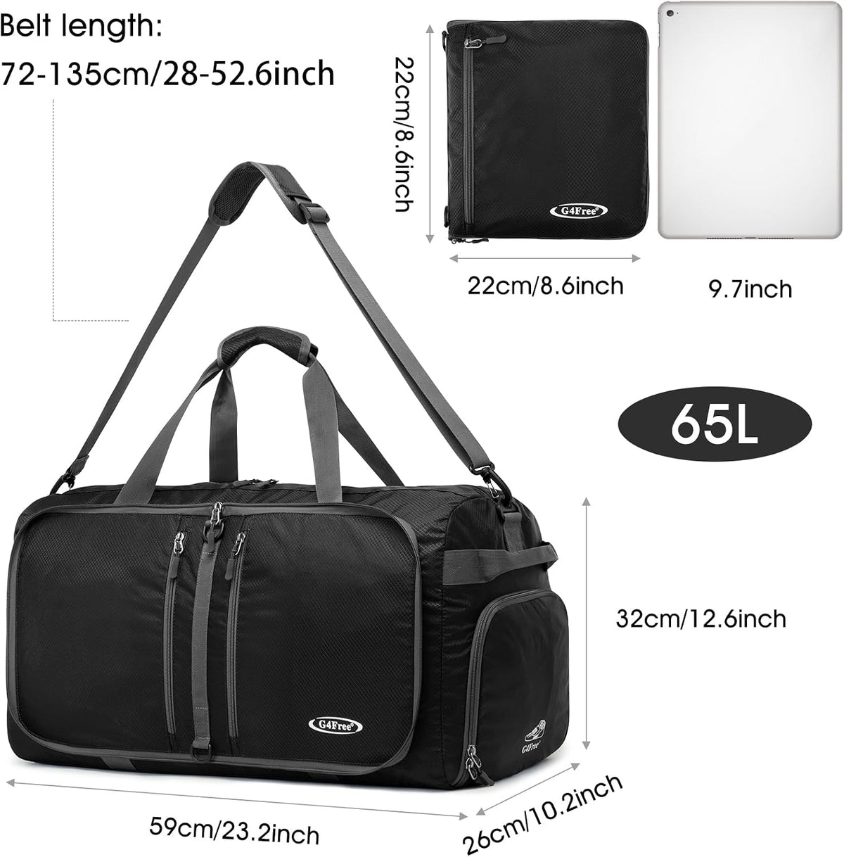 G4Free gym sports duffle bag displaying separate shoe compartment