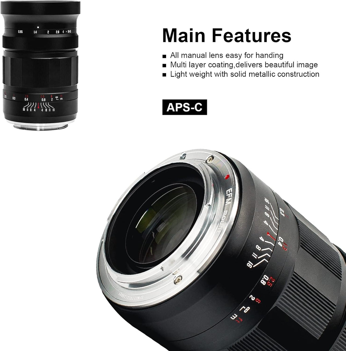 Rear metal mount of Meike 25mm f0.95 lens designed for Canon EF-M cameras