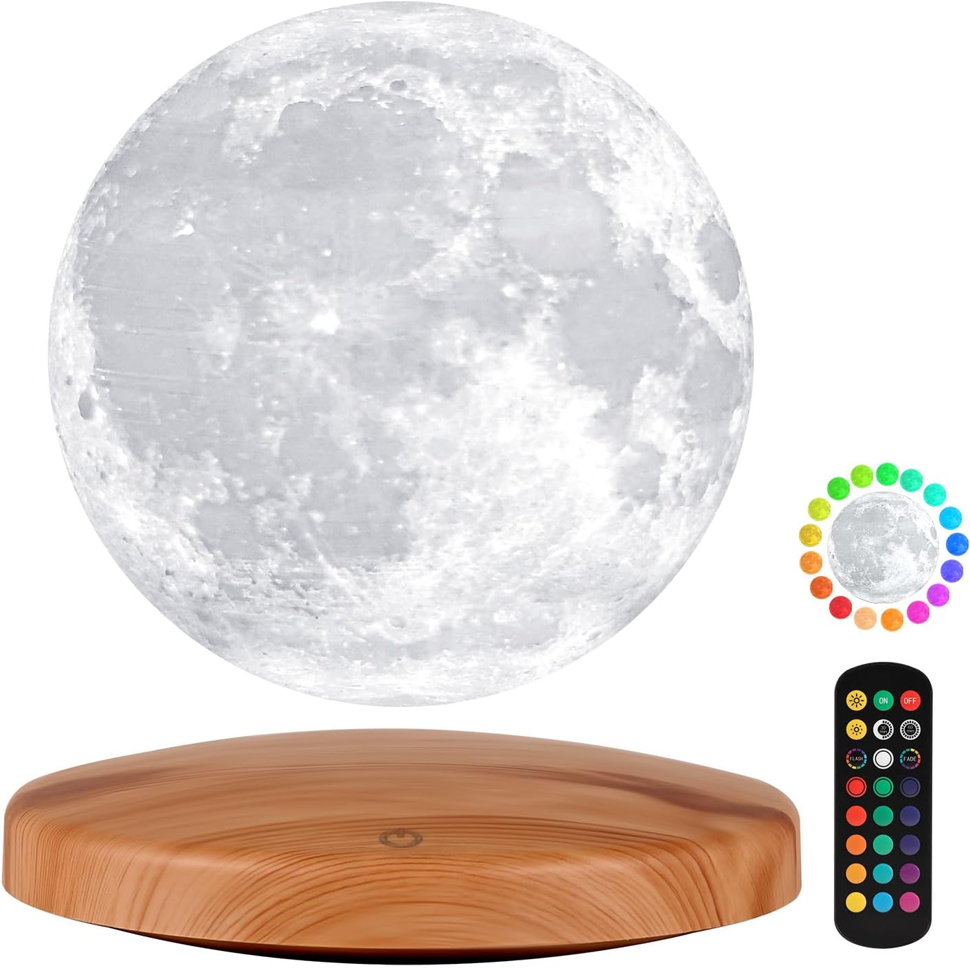 Gropinfly levitating moon lamp floating above wooden base front view