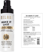 Milani SPF 30 sunscreen setting spray bottle showing broad spectrum benefits