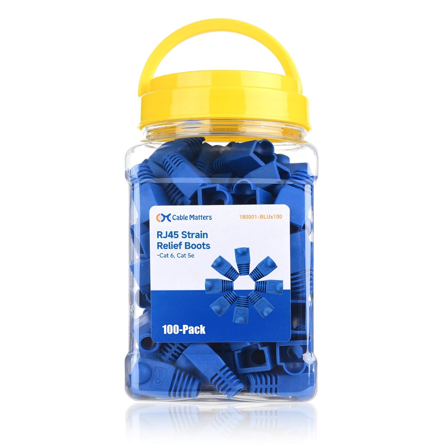 Cable Matters 100-Pack Cat6 RJ45 Strain Relief Boots front view in storage container.