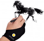 Omonic artist glove front view showing two-finger design for digital drawing tablets.