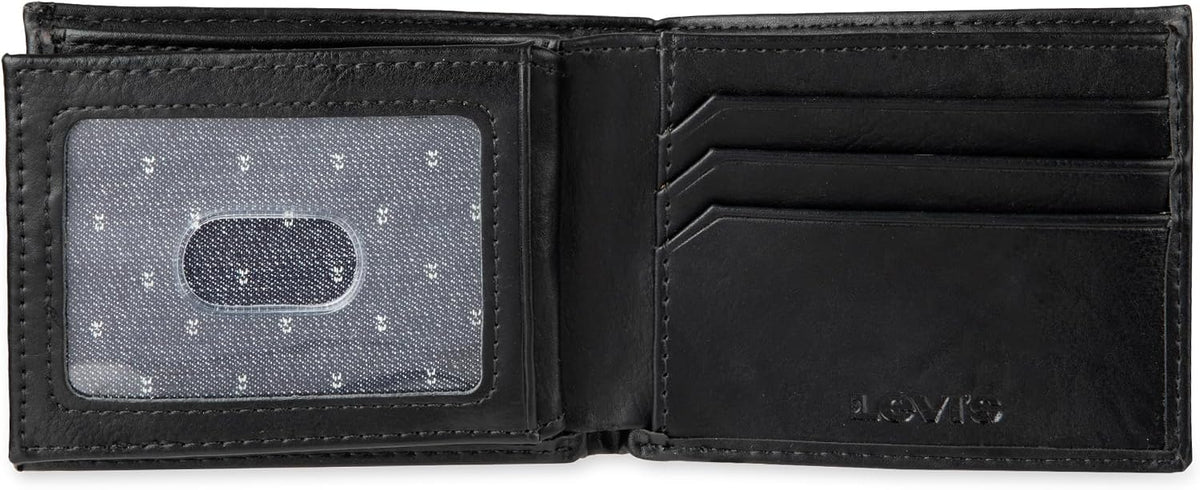 Levi's men's leather wallet close-up of debossed batwing logo