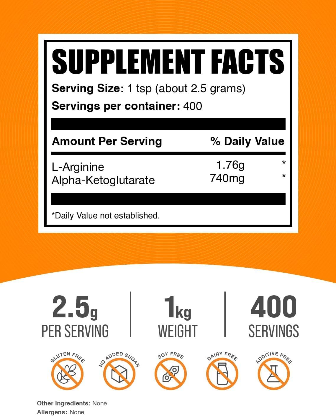 BulkSupplements Arginine Alpha Ketoglutarate pure powder supplement texture and scoop view.