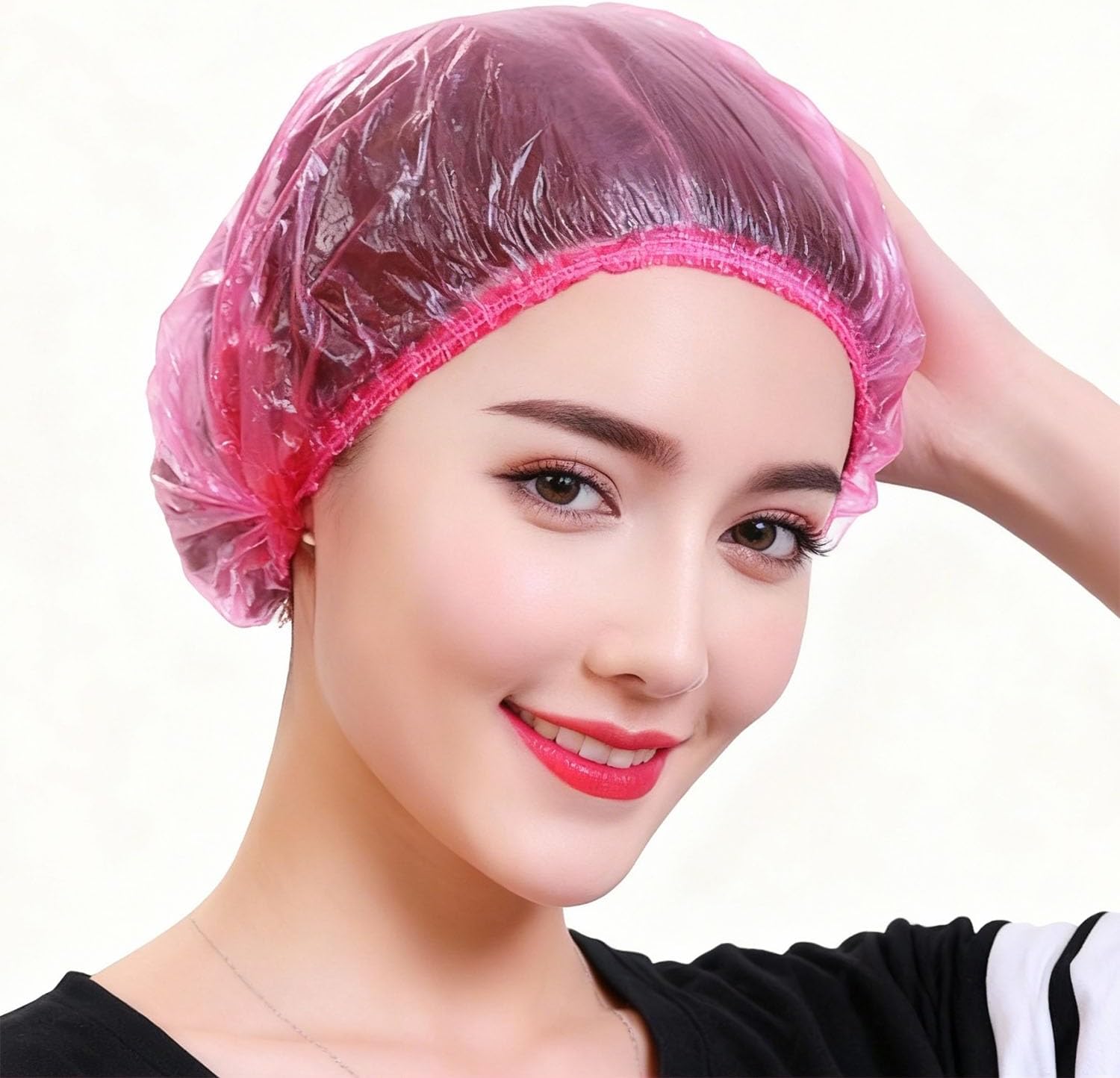 200 PCS Disposable Shower Caps Thickened Waterproof Hair Bath Caps for Women Men Girls Travel Spa Hotel Home Use Salon - Multi-Purpose Elastic Plastic Shower Caps, Essentials Accessories 18.1" (Pink) - Image 1