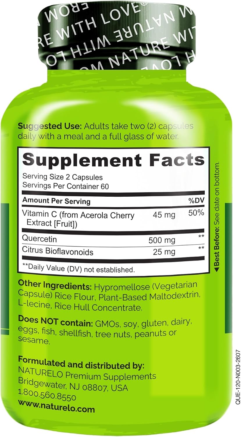 NATURELO Quercetin bottle back showing ingredients and directions