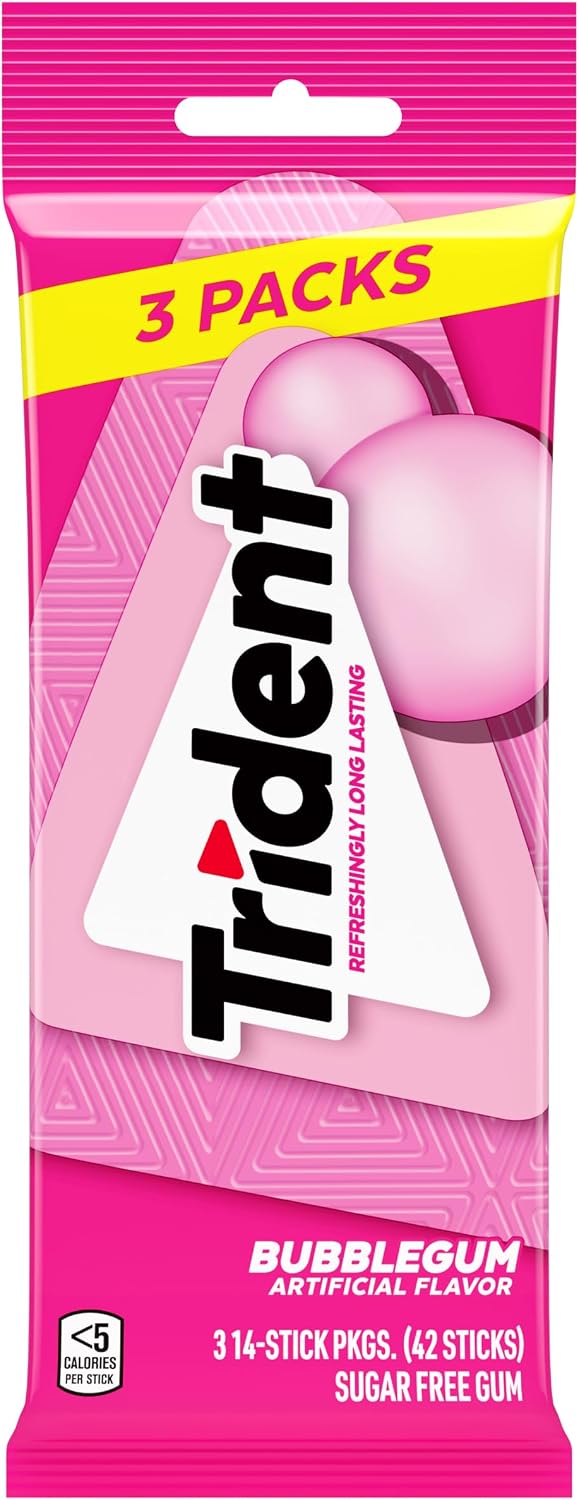Trident sugarless bubblegum flavor gum fourteen sticks packaging