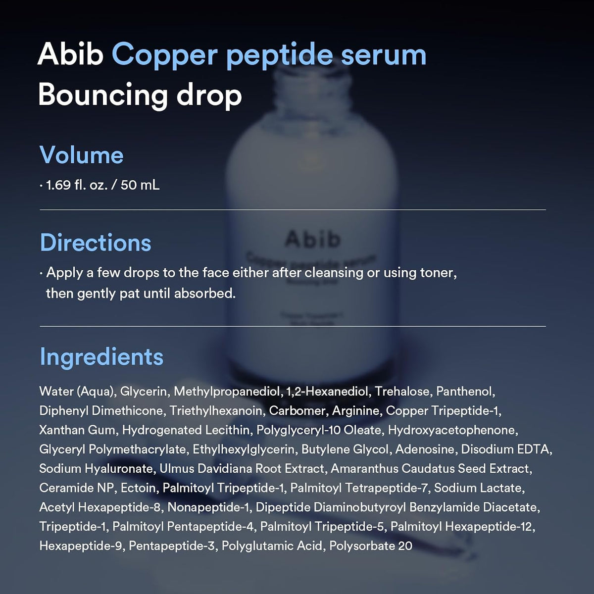 Abib Copper Peptide Serum bottle showing 50 milliliter volume