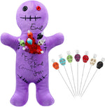 Kathfly voodoo doll set front view featuring purple horror plush doll and skull pins
