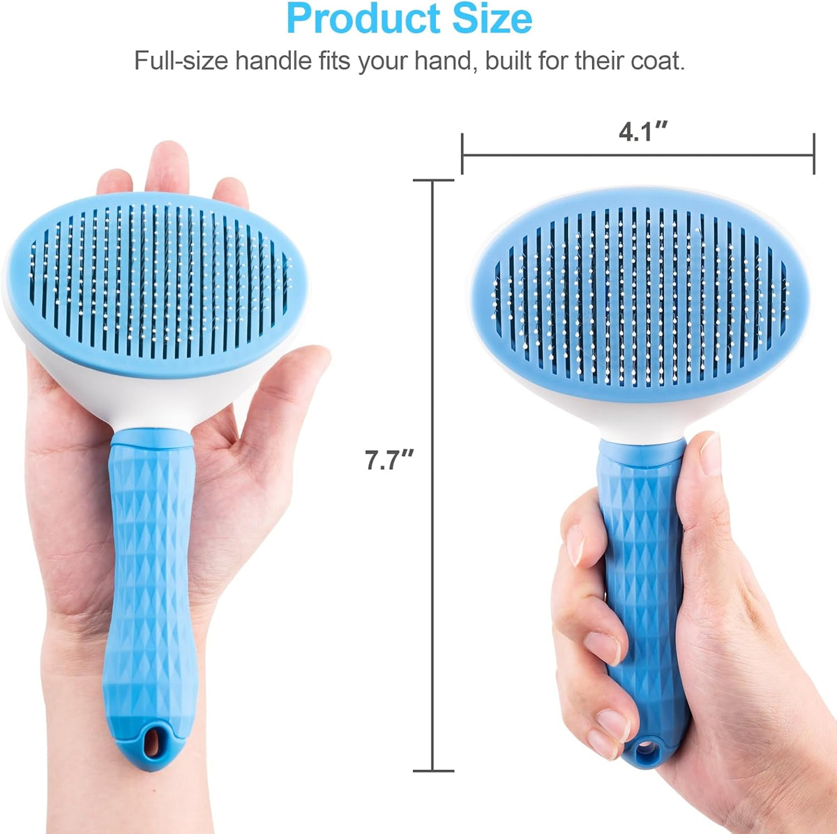 Back view of the blue and white pet massaging tool with its non slip textured grip handle.