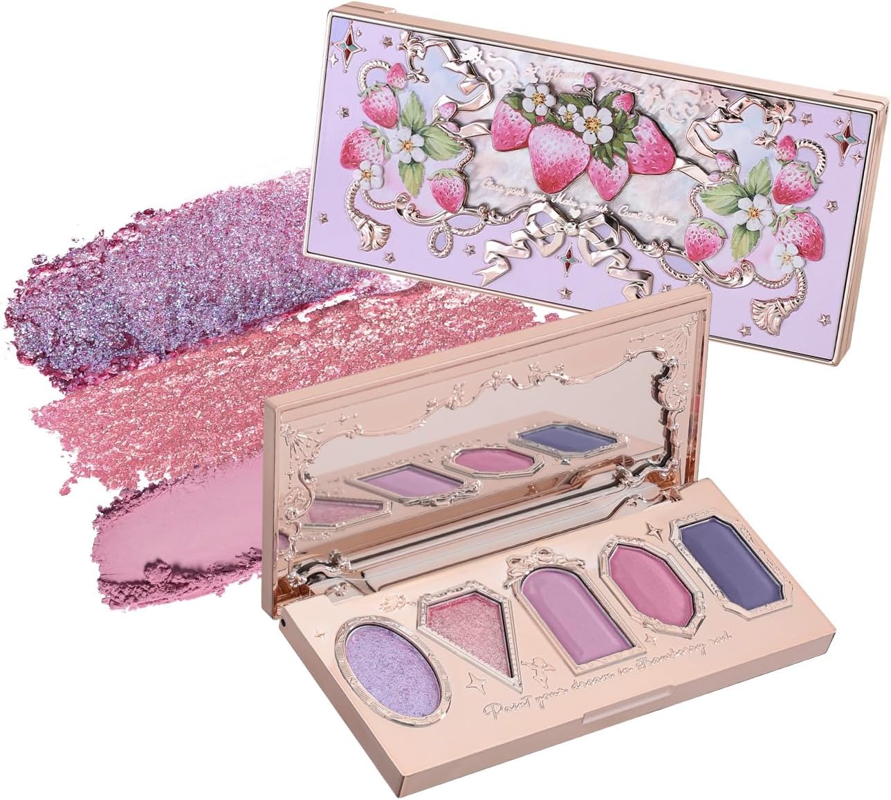 Flower Knows Violet Strawberry Rococo Eyeshadow Palette front view showing the embossed pink vintage case.