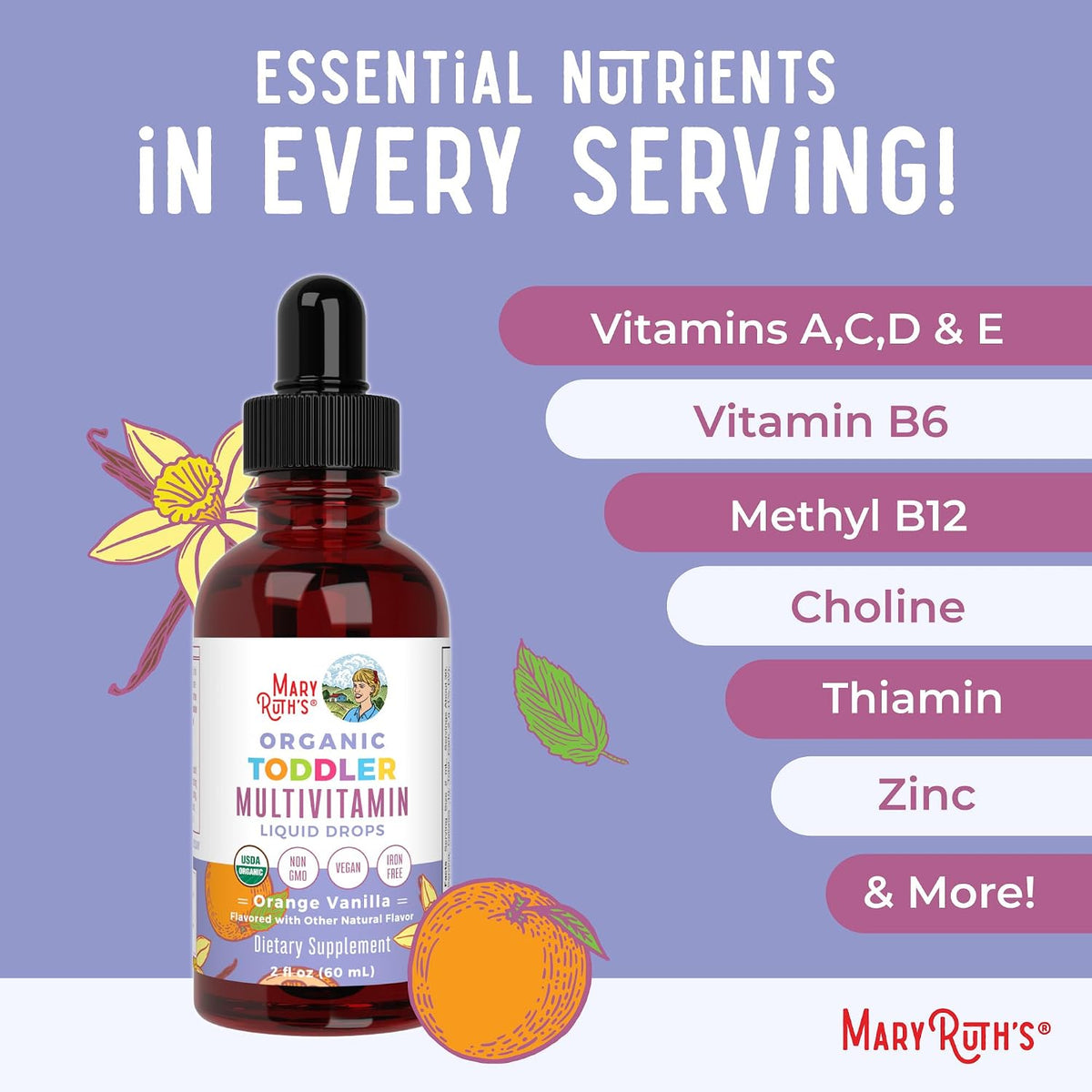 MaryRuth's organic toddler vitamin bottle beside liquid dropper glass