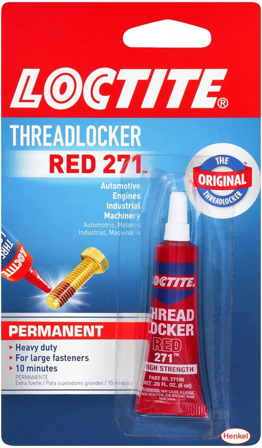 Loctite Threadlocker Red 271 locks, seals threaded fasteners permanently, prevent loosening from vibration, great for engines, machinery, vehicles for valve covers, water pumps, and alternators, 6ml - Image 1