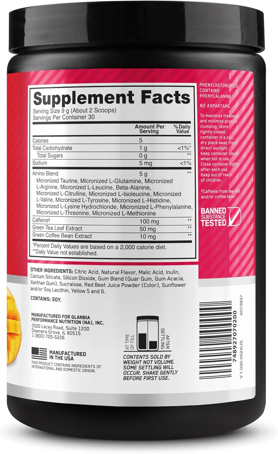 Optimum Nutrition Amino Energy premium pre workout container close up highlighting zero sugar claim