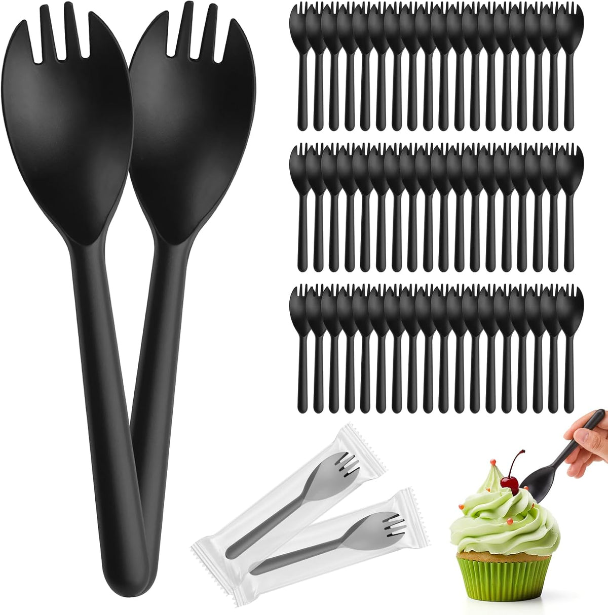 Bioudell medium black disposable sporks 100 pack front view showcasing hygienic individual wrapping.