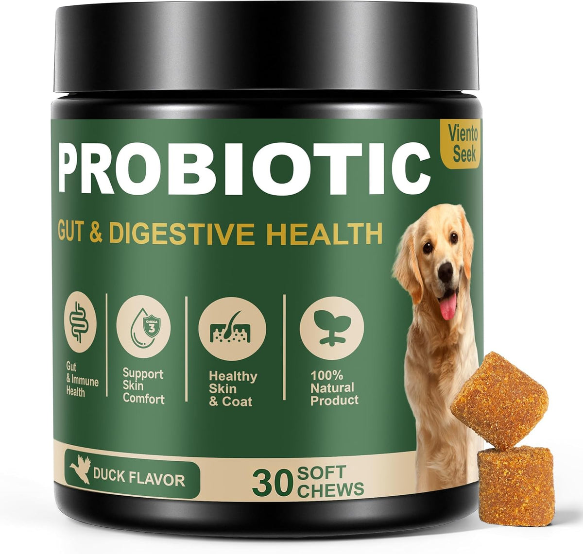 SHINEPAWS Probiotics for Dogs front view of duck flavored container for yeast and itchy skin relief.
