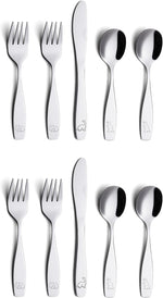 Annova kids flatware set front view showing all 10 stainless steel pieces with dinosaur engravings