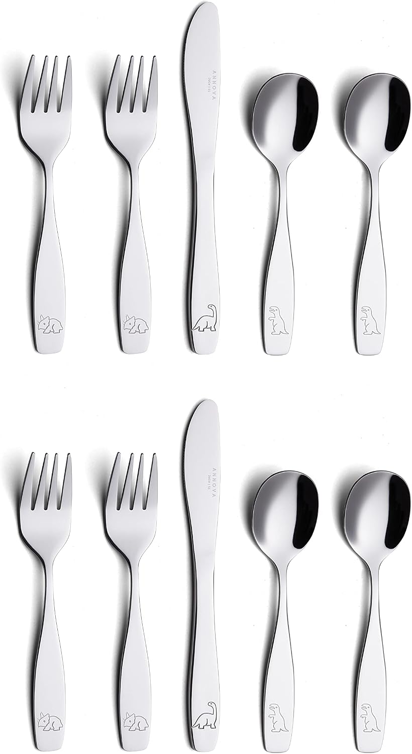 Annova kids flatware set front view showing all 10 stainless steel pieces with dinosaur engravings