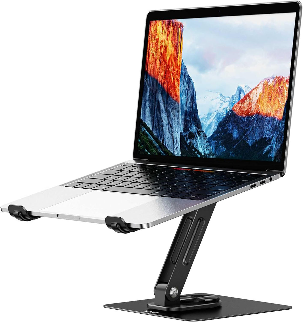 Besign LS12 laptop stand front view showing black metal finish and adjustable arms.