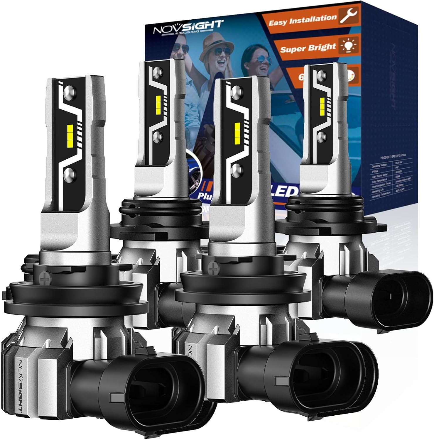 Novsight H11 9005 LED fog light bulbs front view showing the premium compact fanless aircraft aluminum construction.