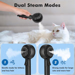 Black steamy cat brush demonstrating the cool mist function for static control.