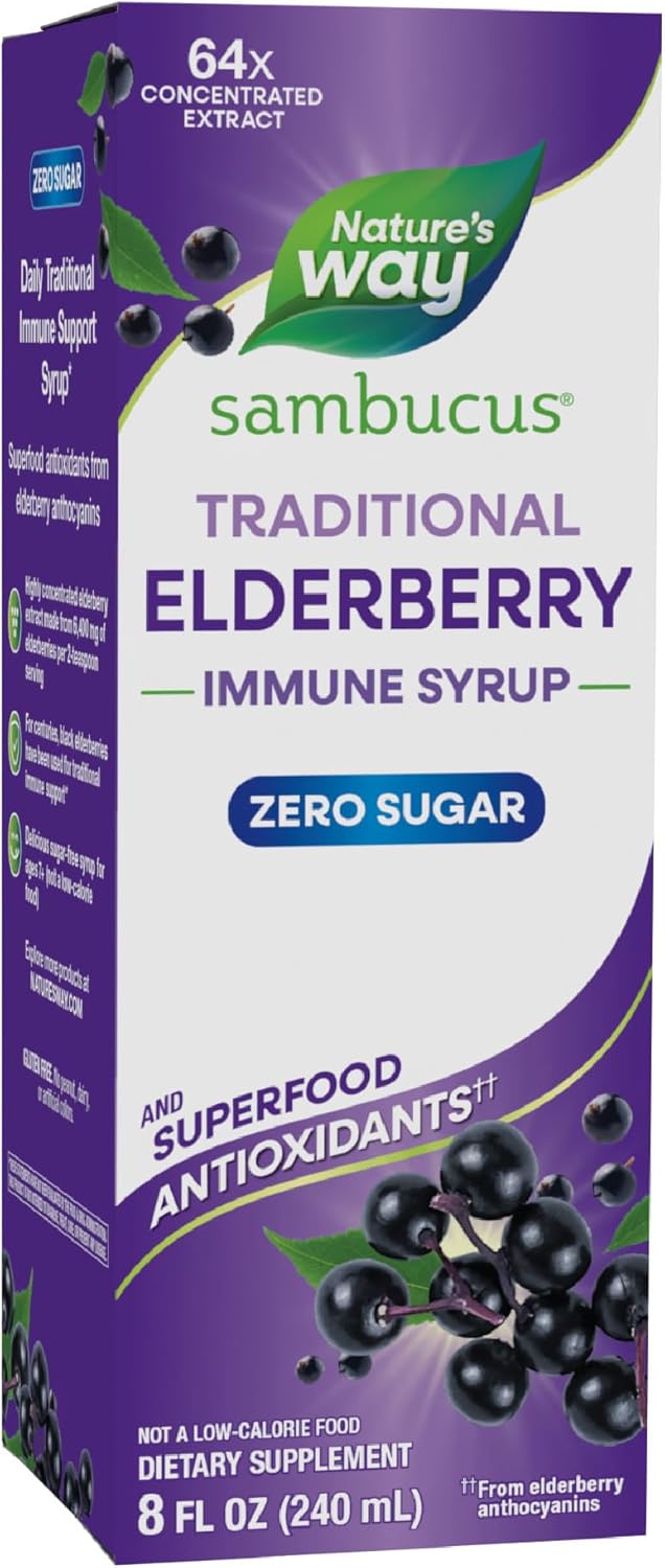 Nature's Way Sambucus Sugar Free Elderberry Syrup 8 Fluid Ounce front bottle view.