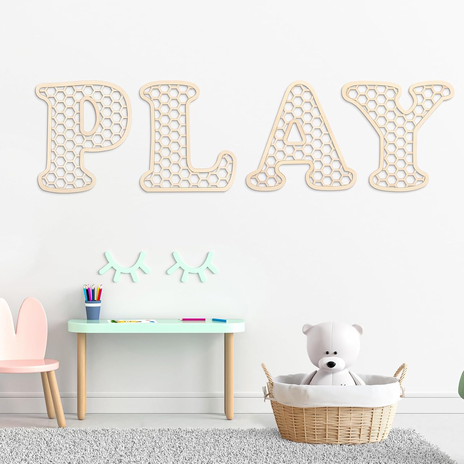 Giantree playroom decor rattan letters set front view displaying boho play sign on nursery wall