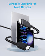 Anker USB-C fast charging cable connected to MacBook Pro laptop.