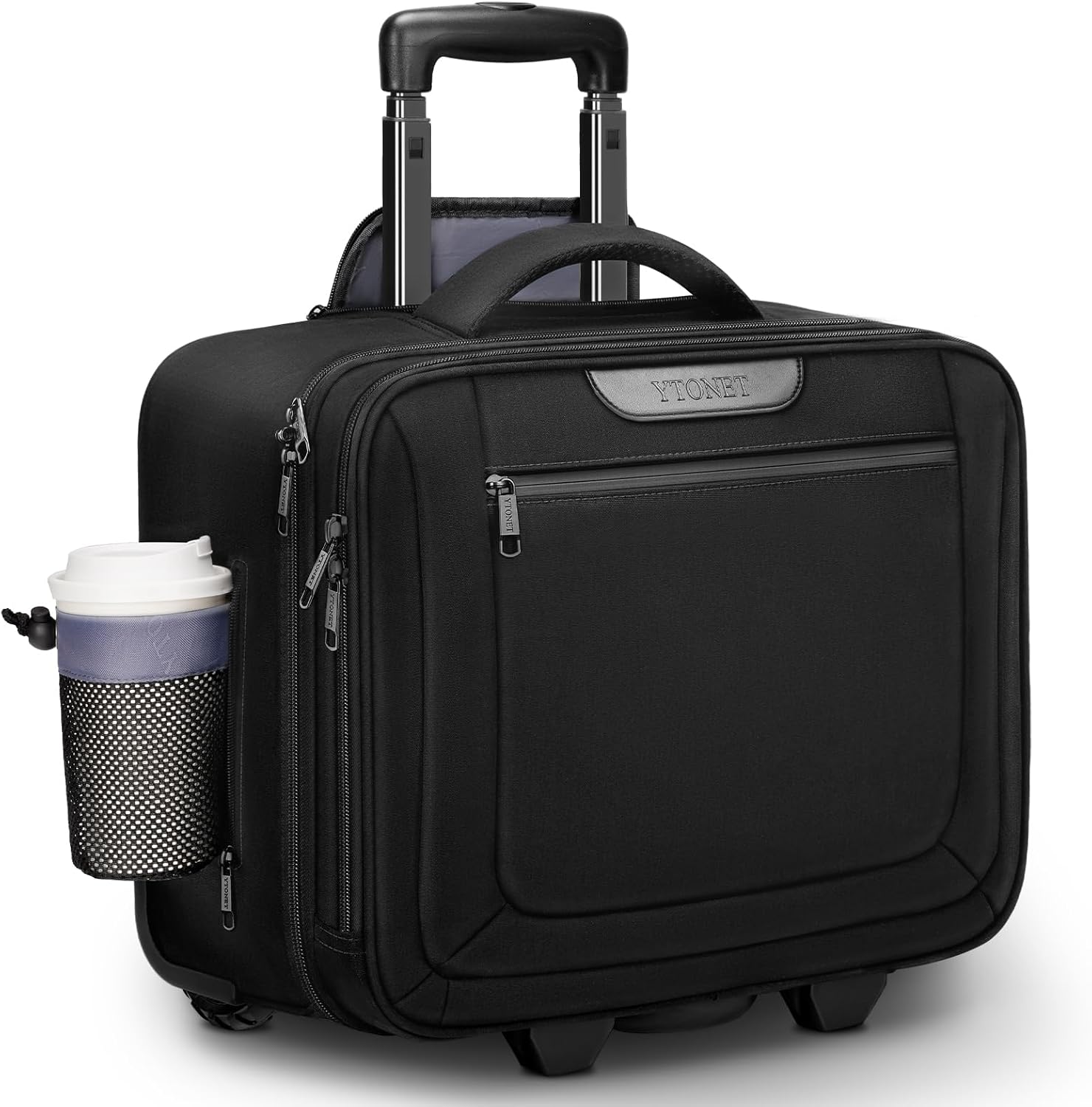 Ytonet rolling laptop bag front view showing black water resistant fabric and smooth rolling wheels