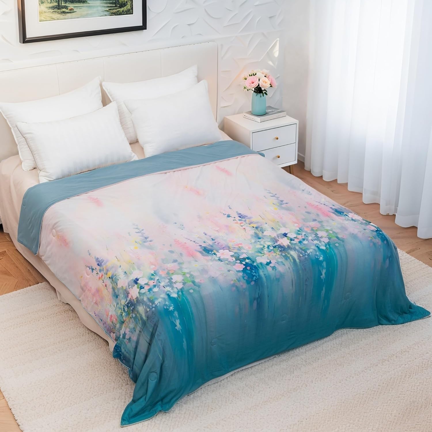 MAGRACE Cooling Comforter Queen Size front view showcasing the Diffused Flower Shadows print