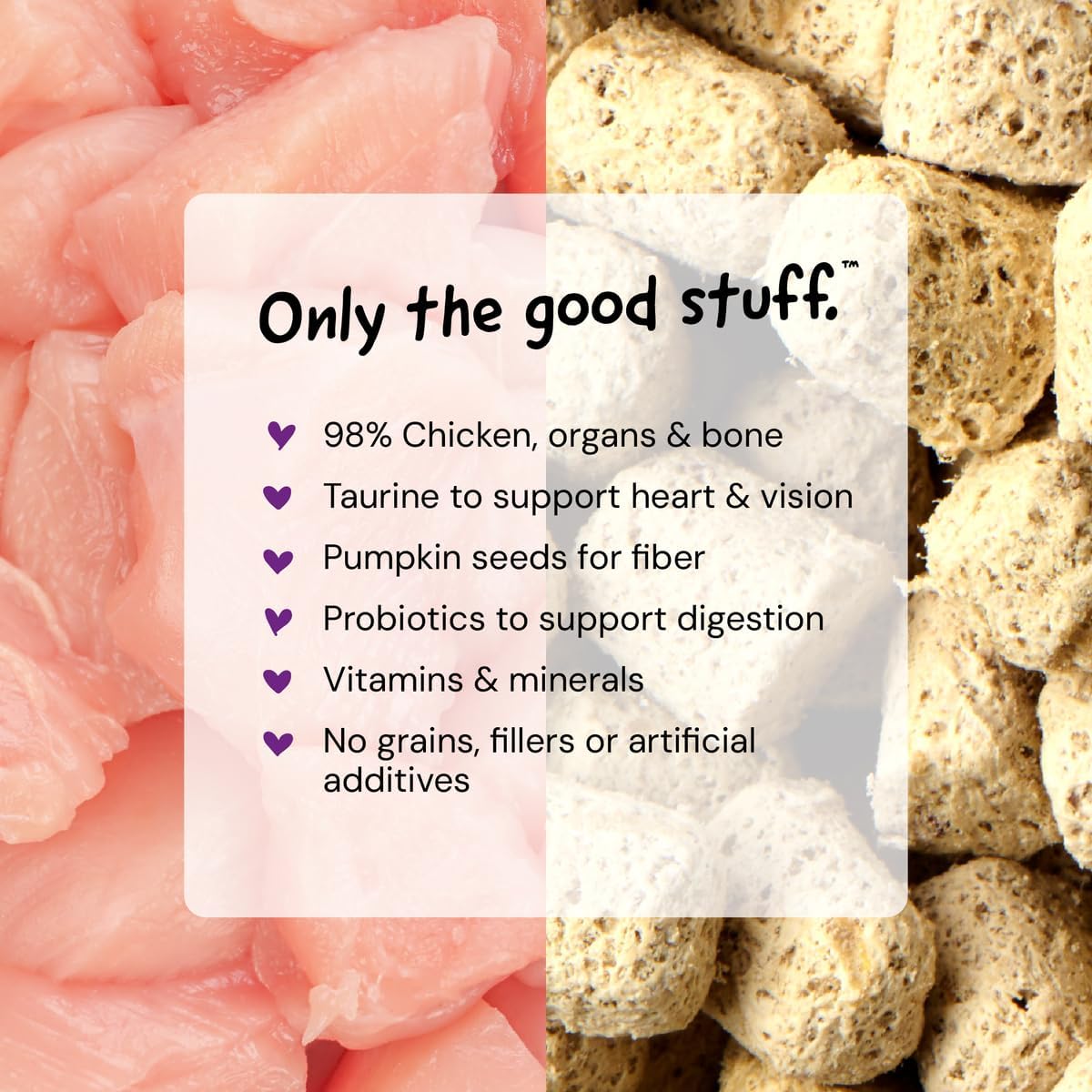 Premium USA imported freeze dried raw chicken cat dinner morsels inside the bag look