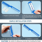 Blue pet grooming comb with 25 extra stainless steel replacement blades display