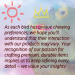 Collection of twenty four colorful parrot foot toys arranged neatly on a neutral background