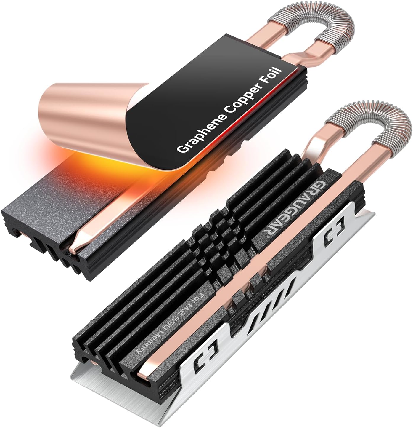 GRAUGEAR M.2 NVMe SSD Heat Pipe Cooler front view highlighting pure copper direct touch heat pipes
