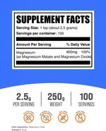 BulkSupplements Magnesium Malate Powder nutrition facts label detailing three hundred milligrams of highly bioavailable magnesium.