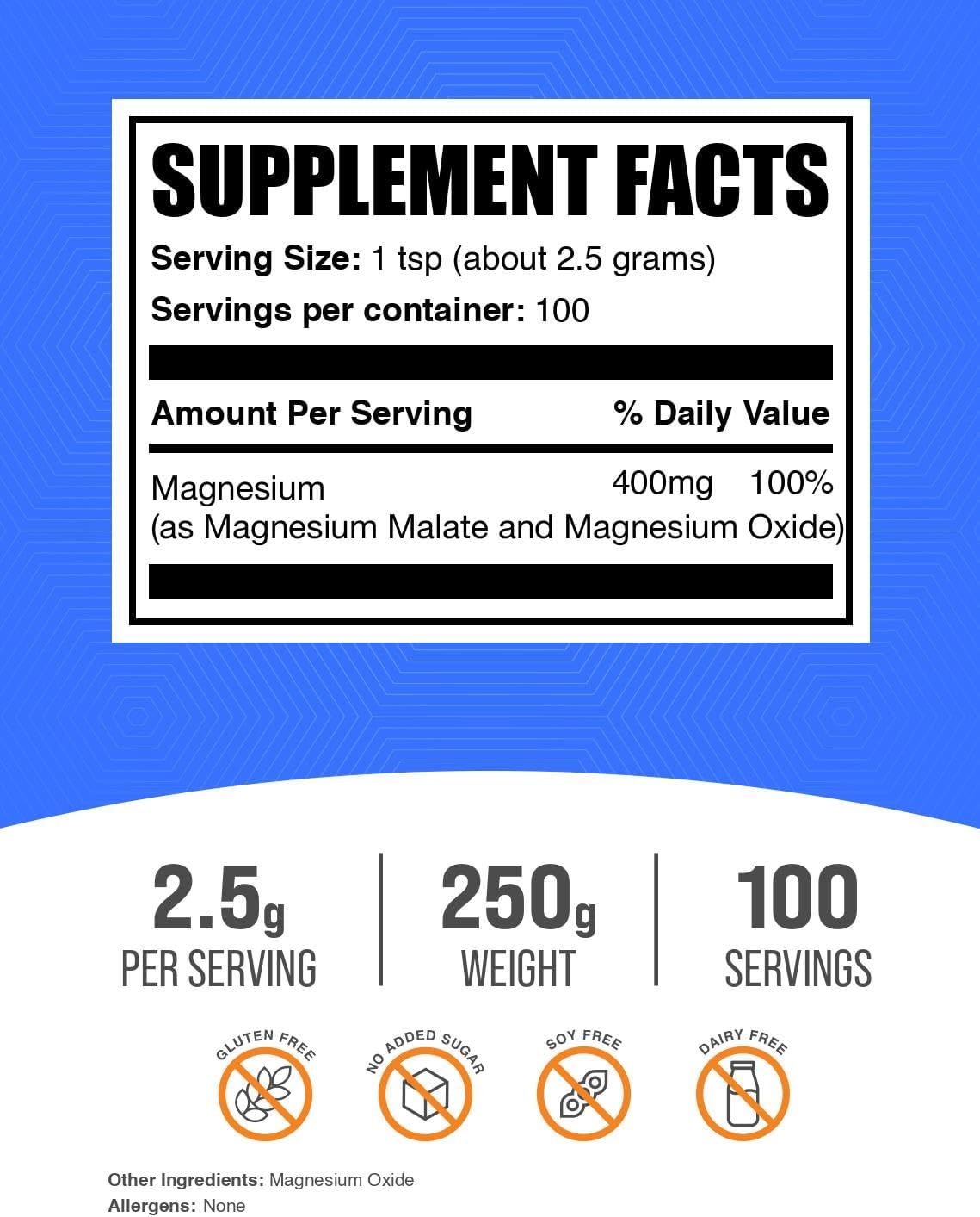 BulkSupplements Magnesium Malate Powder nutrition facts label detailing three hundred milligrams of highly bioavailable magnesium.