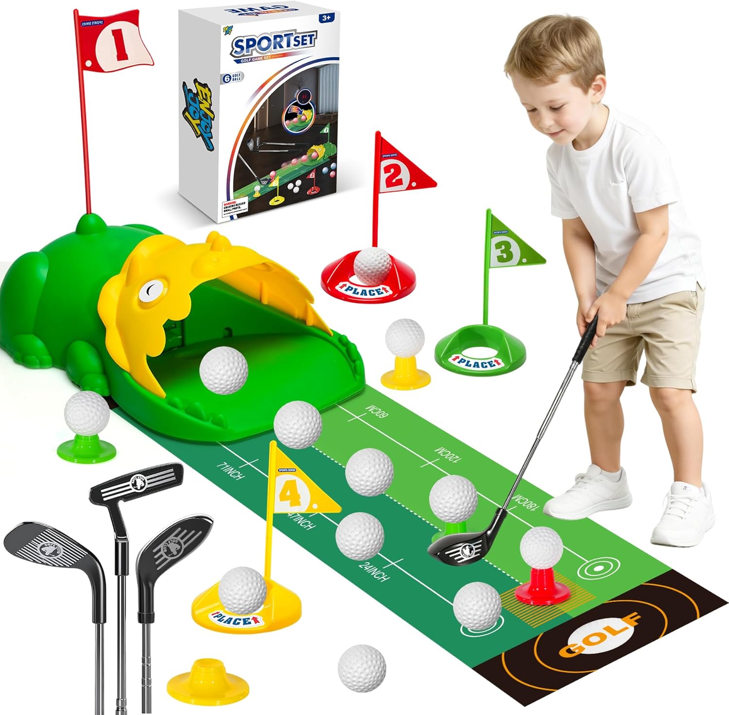 Enjoyjoy Upgraded Kids Golf Set with dinosaur auto returner front view