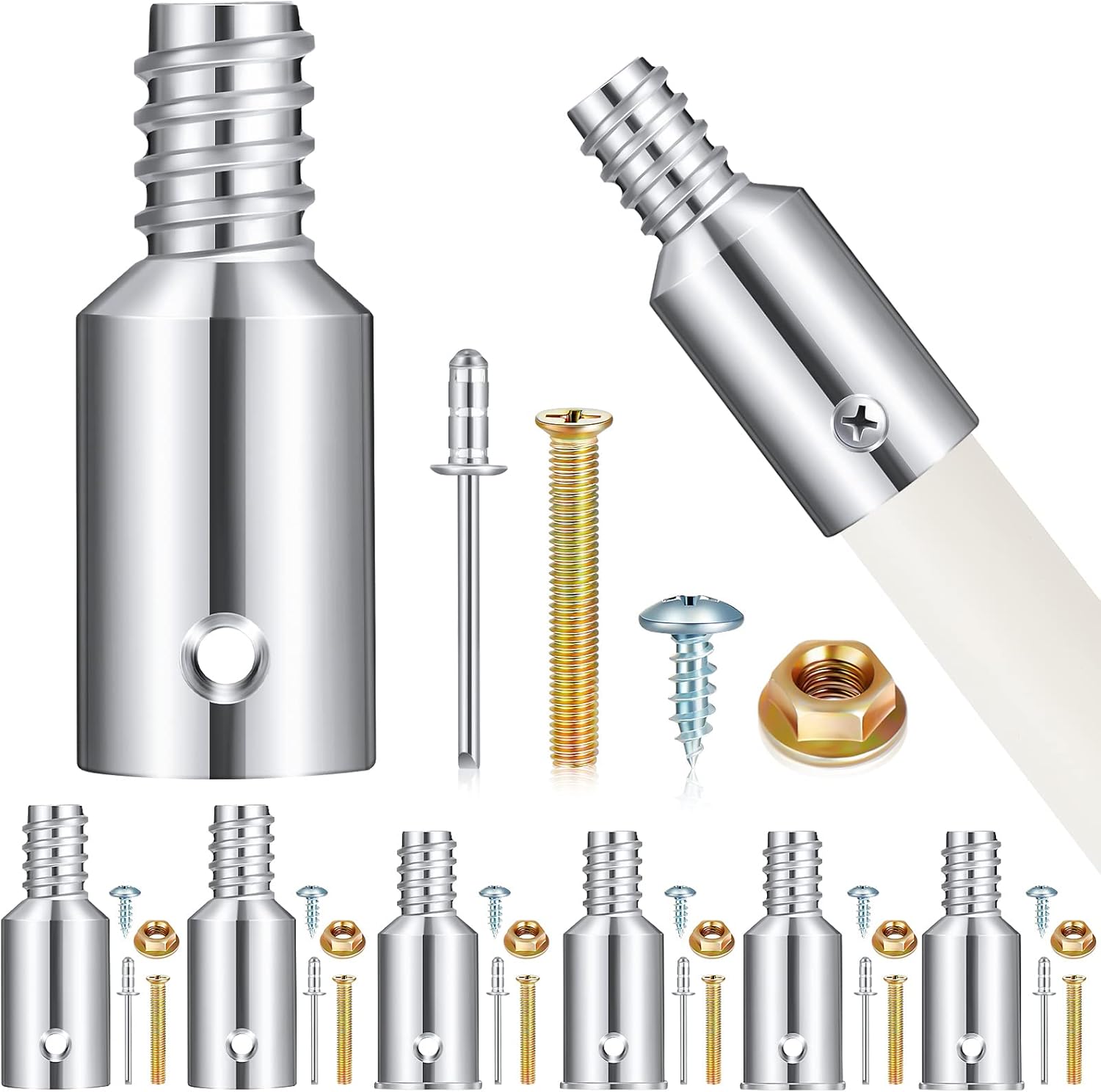 Zhengmy threaded tip replacement kit front view showing six silver metal extension pole adapters for broom handle repair.