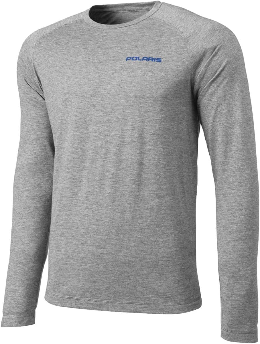 Polaris Men's Performance Long-Sleeve Shirt front view in heather gray finish with blue logo detailing.