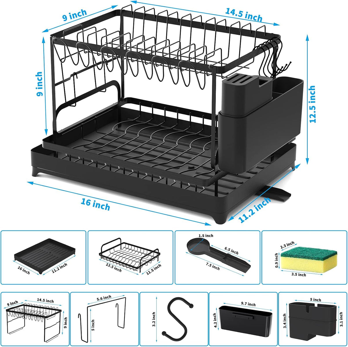 XLMYS dish drying rack set configured with the cutting board attachment on a kitchen counter.